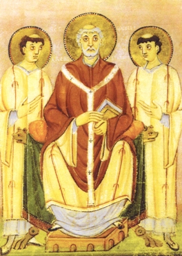 Willibrord als aartsbisschop, geflankeerd door twee diakens. Miniatuur uit ca. 1000. 